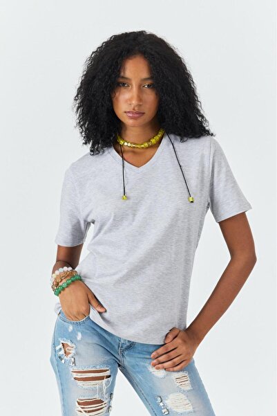 Soho Mood Women's V-Neck 100% Cotton 4-Pack Basic T-Shirts (2 Grey 2 Navy Blue)