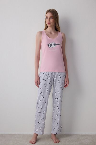 Penti Cat Patterned Sleepy Crew Neck Strap Cotton Pajama Set