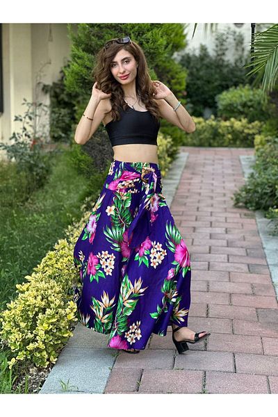 Gönülden Tasarım Bamboo Belt Elastic Flowered Spanish Women's Long Skirt