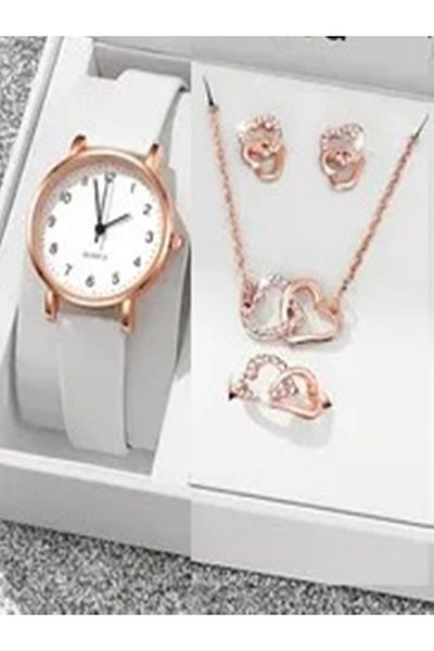 BirYıldızOl Leather Women's Watch 5-Piece Heart Jewelry Set - Gift Set Gift for Lover Gift for Mother