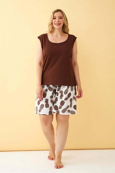 modaserdem Mdsrdm Women's Brown Pineapple Patterned Plus Size Pajama Set with Shorts
