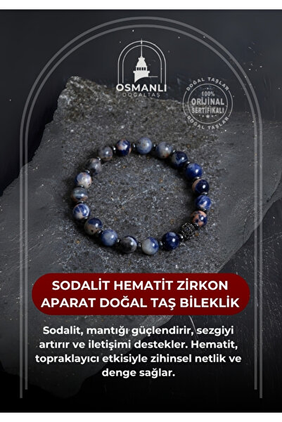 OSMANLI DOĞAL TAŞ Sertifikalı Sodalit Hematit Zirkon Aparat Doğal Taş Bileklik