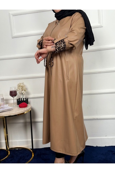 RACE FASHİON Leopar Desenli Kapüşonlu Deri Kadın Trençkot Rc3005