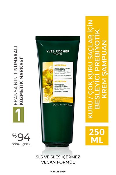Yves Rocher Nourishing Prebiotic Cream Shampoo-Dry Very Dry Hair/Nutrition-Free of Sls&Sles,Vegan-250Ml
