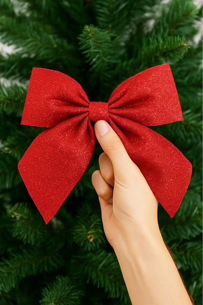 BeySüS Christmas Tree 2-Piece Bow Red Glitter Eva Door and Glass Ornament