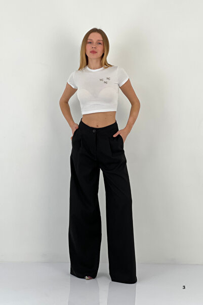 Miss Poem Women's Summer Baggy Fit Loose Leg Oversize Black Trousers