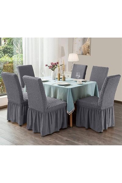 Nusret 6 Pieces Lycra Chair Cover - Washable Cover with Wrapped Skirt and Elastic
