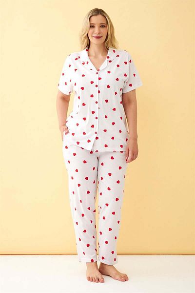 modaserdem Mdsrdm Women's White Red Heart Patterned Front Button Plus Size Pajama Set