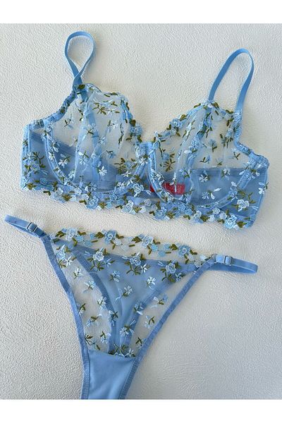 dem merys Set de sutien cu flori albastre cu cupă C de mărime mare