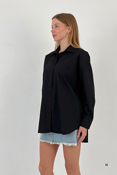 Miss Poem Women's Summer Pocket Loose Basic Oversize Black Shirt