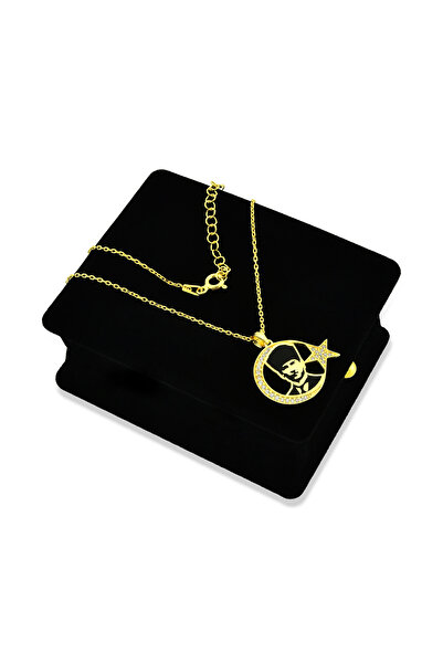 SOFT ATATÜRK 925 AYAR GÜMÜŞ 18 K ALTIN KAPLAMA SİYAH MİNE VE ZİRKON TAŞLI KADİFE KUTULU