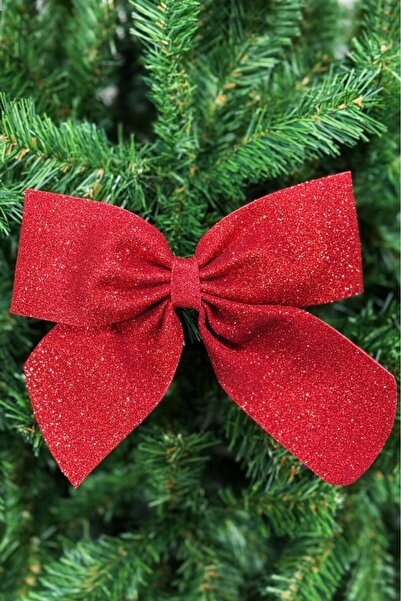 BeySüS Yılbaşı Ağacı 2'Lİ Fiyonk Kırmızı Simli Eva Kapı ve Cam Süsleme