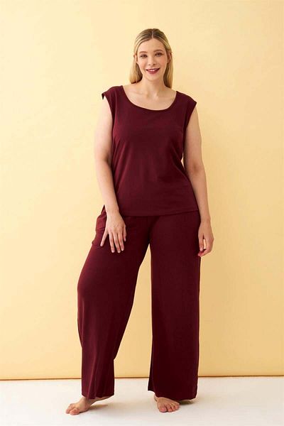 modaserdem Mdsrdm Women's Burgundy Large Size Combed Cotton Bottom Top Set