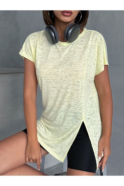 Miss Prova Soft Textured T-Shirt with Side Slits Yellow Missts2522