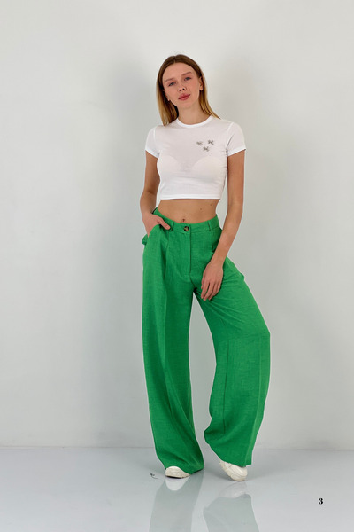 Miss Poem Women's Baggy Fit Wide Leg Palazzo Green Trousers