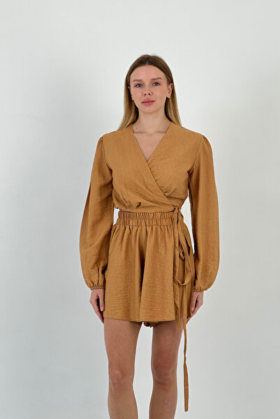 Miss Poem Women's Summer Crop Blouse Mini Shorts Bottom Top Camel Double Set