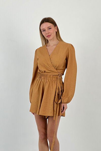 Miss Poem Women's Summer Crop Blouse Mini Shorts Bottom Top Camel Double Set