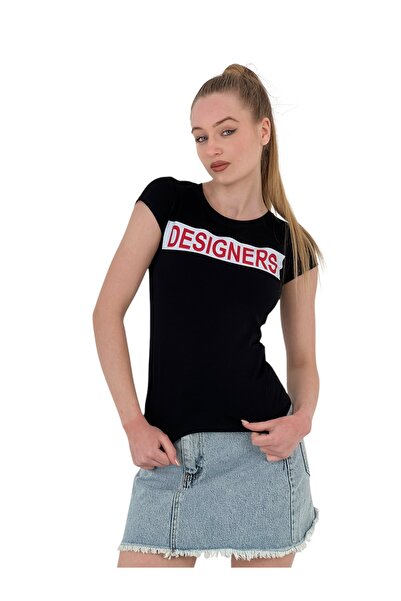 Miss Poem Women's Summer Text Print Short Sleeve Tight Black T-Shirt