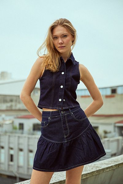 Arma Life Fusta mini din denim bleumarin cu buzunare pentru femei
