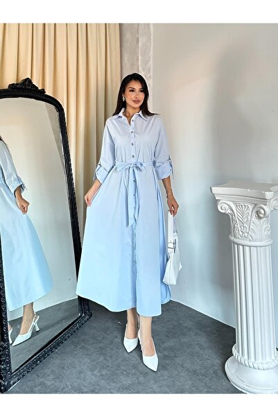 TREND KOMBİN Bebe Mavisi Kuşaklı Düğmeli Poplin Gömlek Elbise