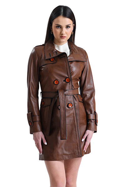 DERİJE Lara Hakiki Deri Kadın Taba Trençkot