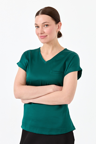 Desen V-подібний комір, стандартний крій, короткі рукави, зелена жіноча блуза...