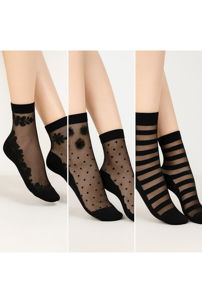 BB Дамски чорапи с дантелен мотив, комплект от 3 броя