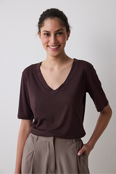 Penti Brown V-Neck Loose T-Shirt