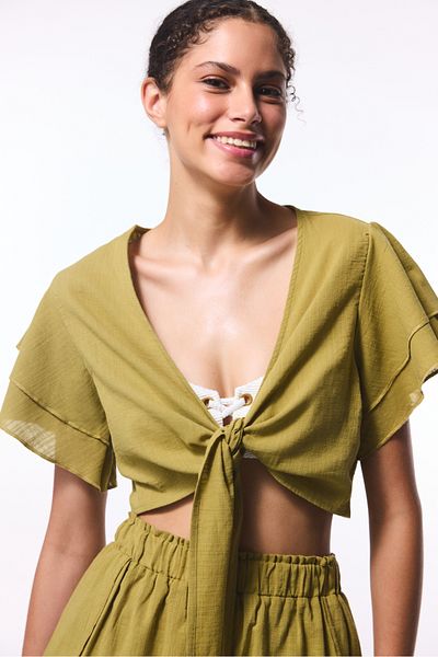 Penti Λάδι Πράσινο Peek Δέσιμο Λεπτομερές Crop Top