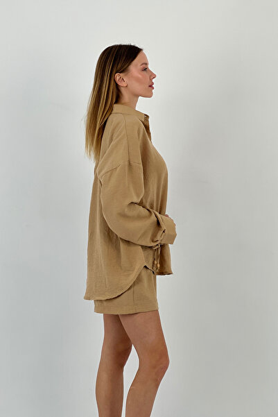 Miss Poem Women's Summer Oversize Shirt Mini Shorts Bottom Top Camel Double Set