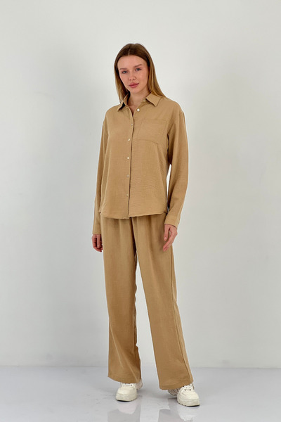 Miss Poem Women's Oversize Shirt Palazzo Pants Bottom Top Camel Double Set