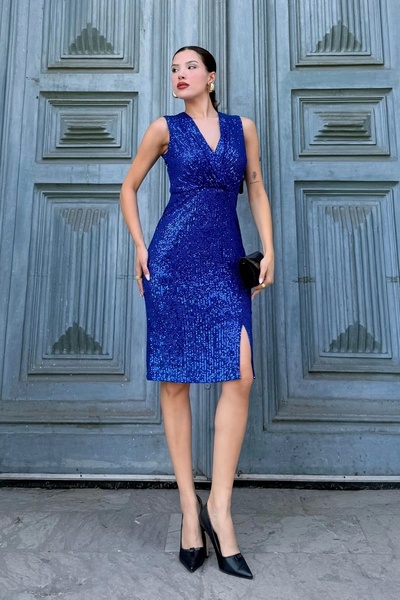 lodmela Φόρεμα μίντι με διπλό γιακά με παγιέτες 6031-Μπλε νύχτας