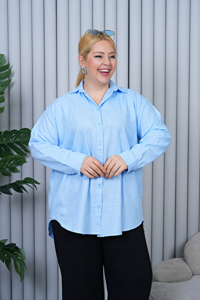 Patika Women's Plus Size Comfortable Linen Shirt - Baby Blue
