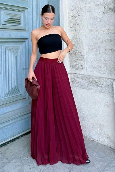 lodmela Pantaloni din șifon plisat cu talie elastică 6030-Burgundy