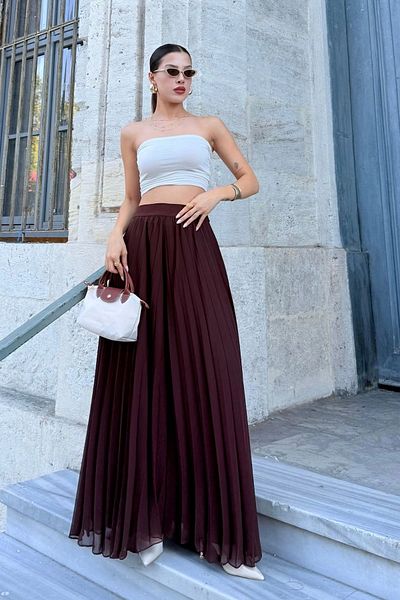 lodmela Elastic Waist Pleated Chiffon Trousers 6030-Brown