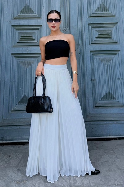 lodmela Elastic Waist Pleated Chiffon Trousers 6030-White