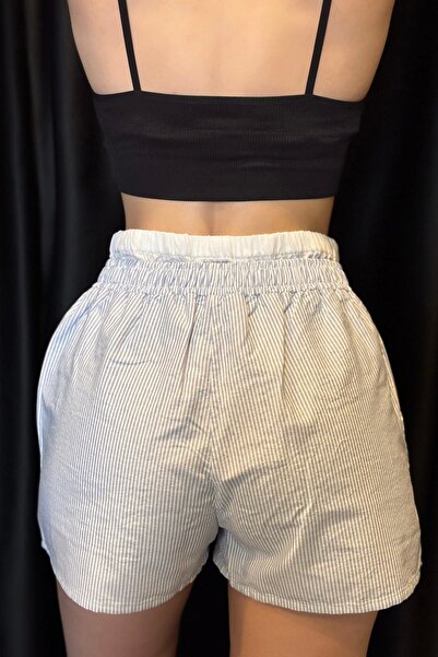 VibeGaia Жіночі шорти з високою талією та еластичним поясом, синьо-біла смужка