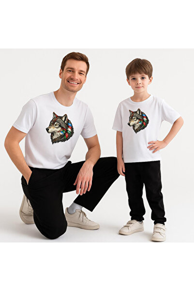 ErTaPassage Combinație de tricou alb pentru tată și fiu cu model de lup alb c...