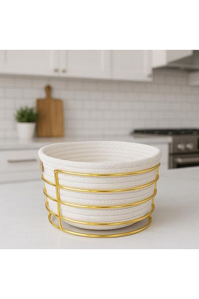 Kitchen Line Stylish Bread Basket Bread Basket with Gold Detail and White Color Straw Knitted Basket