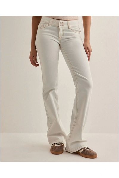 VibeGaia White Low Waist Bootcut Stitched Jeans