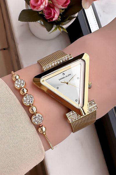 Daniel Klein Triangle Case Waterproof Women Wristwatch Gold Color Steel Band Gift Bracelet Dkby2031C1