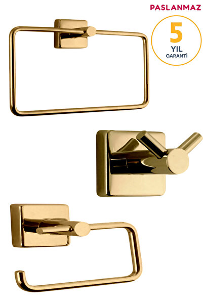 BanyomHome Altın Gold Paslanmaz Pirinç 3’lü Banyo Seti – Havluluk, Tuvaket Ka...