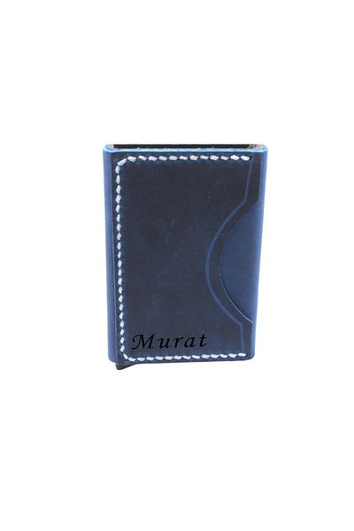 Tesbihane Minimal Design All Hand Stitched Blue Crazy Leather Mechanized Card Holder-Wallet