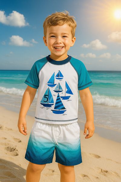 Lolliboomkids Boy Surfer Sailing Printed Blue Turquoise White T-shirt Shorts Swimsuit Set Top Diver Bottom Parachute