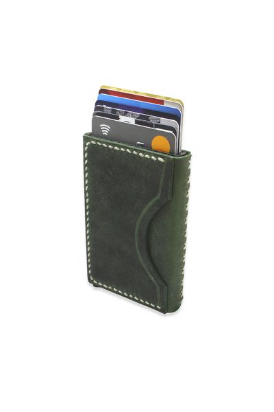 Tesbihane Minimal Design All Hand Stitched Green Crazy Leather Mechanical Card Holder-Wallet