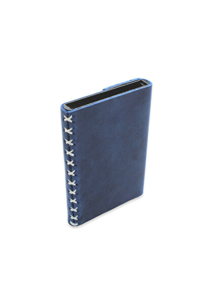 Tesbihane Σχεδιασμός Cross Πορτοφόλι-θήκη για κάρτες με μηχανισμό από μπλε Crazy Leather, όλο ραμμένο στο χέρι