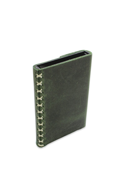 Tesbihane Minimal Design All Hand Stitched Green Crazy Leather Mechanical Card Holder-Wallet