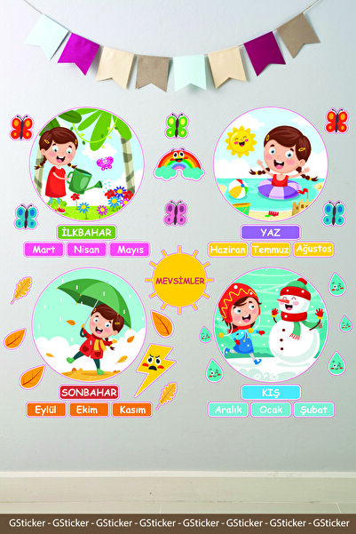GSticker Mevsimler 4 Mevsim Çocuklar Okul Posteri Anaokulu Anasınıfı Kreş Çoc...