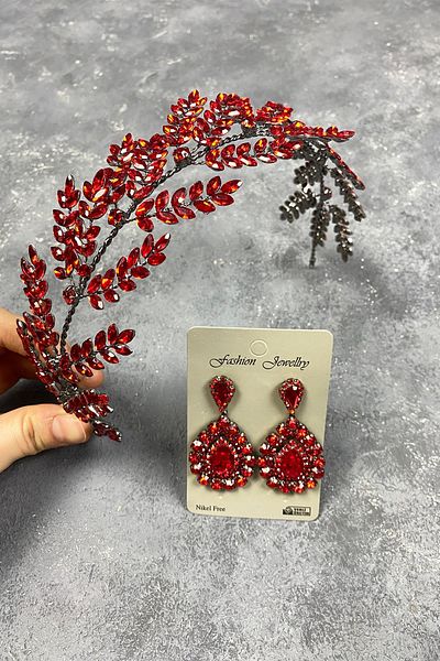 Hayalperest boncuk Dilana Leaf Branched Bridal Hair Accessory and Shuttle Stone Earrings