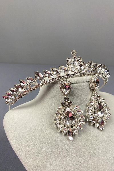Hayalperest boncuk Ece Bridal Crown and Shuttle Stone Earrings